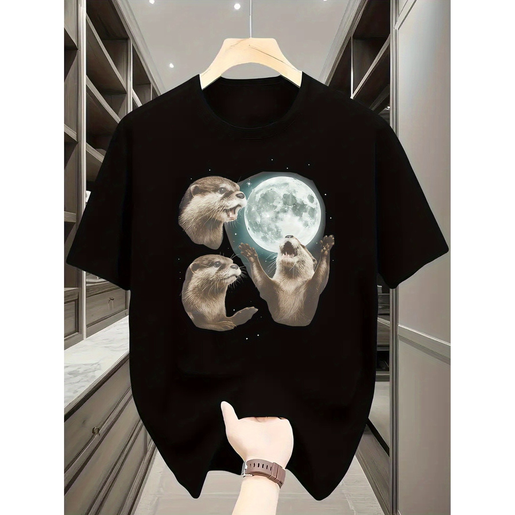 Undershirt Crew Neck - Playful Otters Under Moonlight Grafik-T-Shirt für