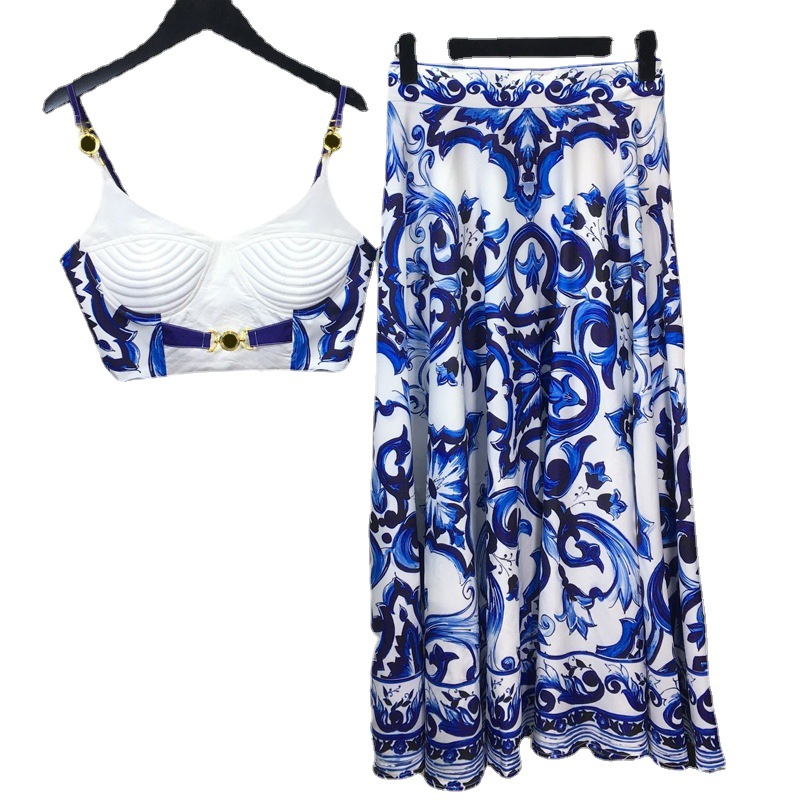 Suspender Tank Top - Sommer Bohemian blau und weiß Porzellan